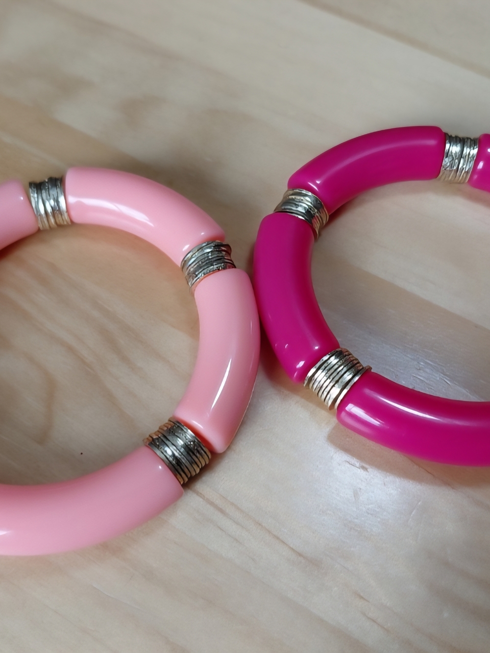Set of 2 Peach Pink and Fuchsia Pink Bracelets with Gold Tone Accents